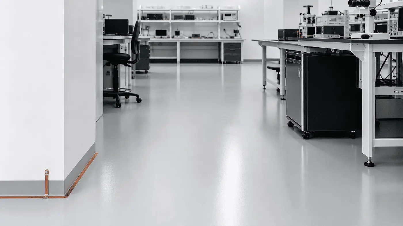 White ESD static-control floor in a lab workspace