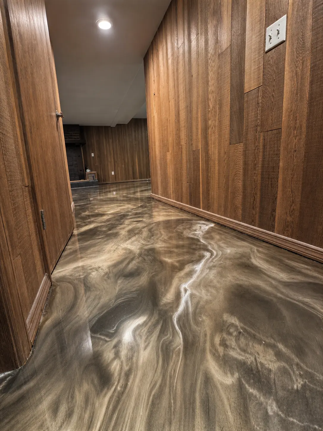 Hallway with a gold and brown metallic epoxy floor