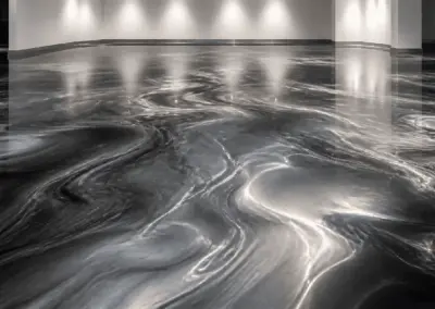 Gray and white metallic epoxy floor with a marbled finish