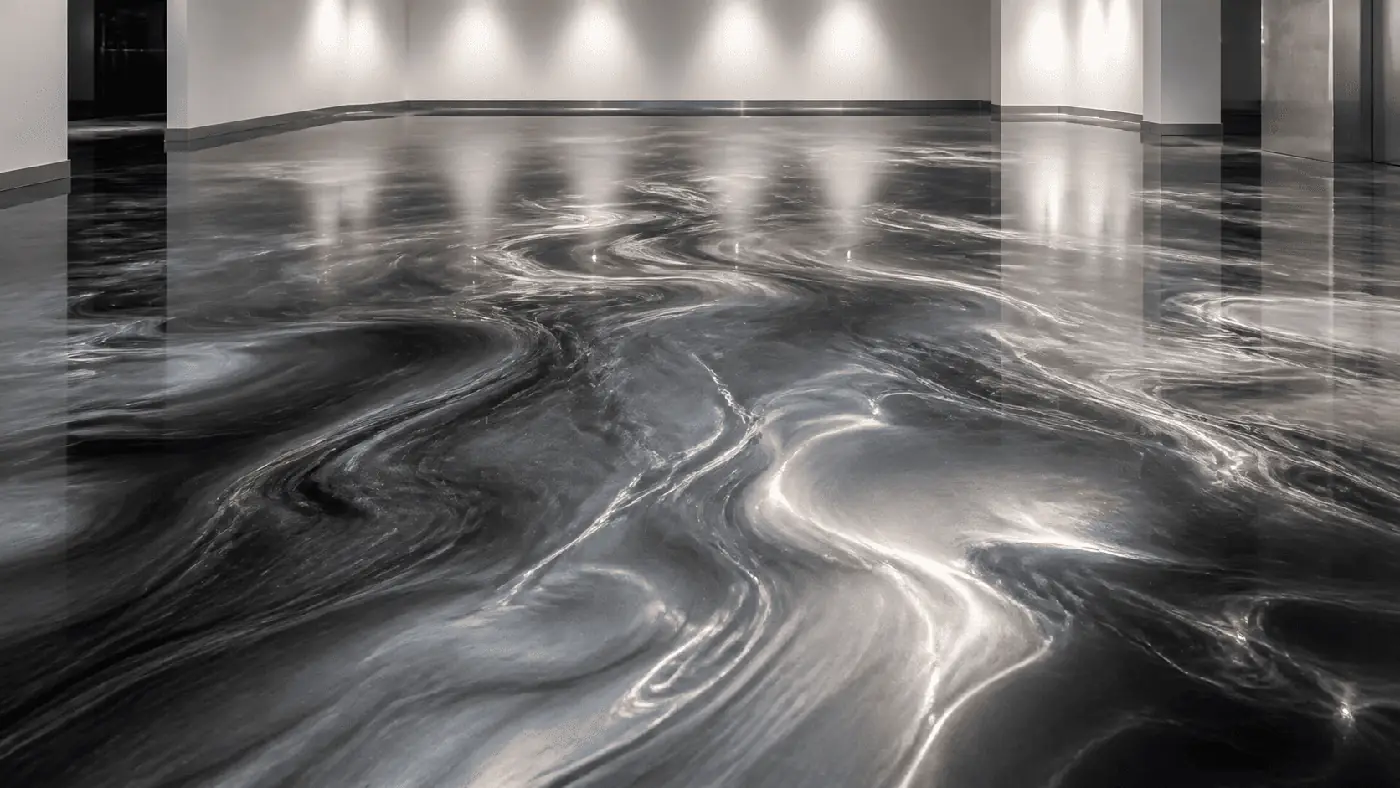 Gray and white metallic epoxy floor with a marbled finish